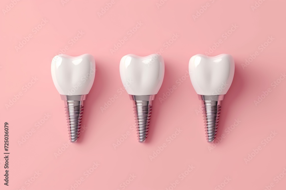 White dental tooth implants on pink background White dental tooth implants on pink background