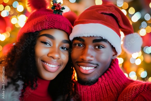 A happy and loving couple wearing Santa hats and festive sweaters, celebrating Christmas with a cheerful selfie.