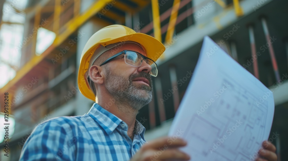 Architect at a construction site, wearing a hard hat Architect at a construction site, wearing a hard hat