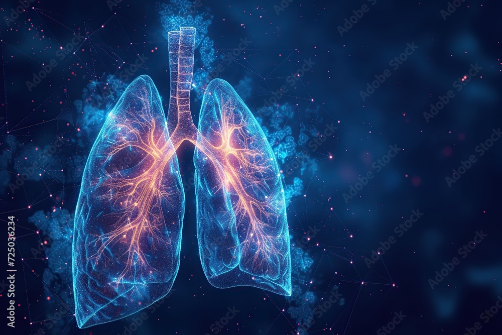 Hologram of human lungs. X ray of lungs. 3D rendering. Cancer - obrazy, fototapety, plakaty 