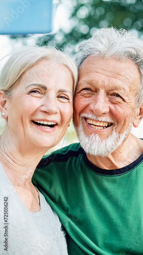 woman man outdoor senior couple happy lifestyle retirement together love elderly video call selfie photo mobile smartphone communication phone sport active fitness outfit training healthy