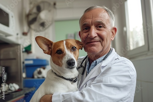 Mature man vet with dog in vet clinic