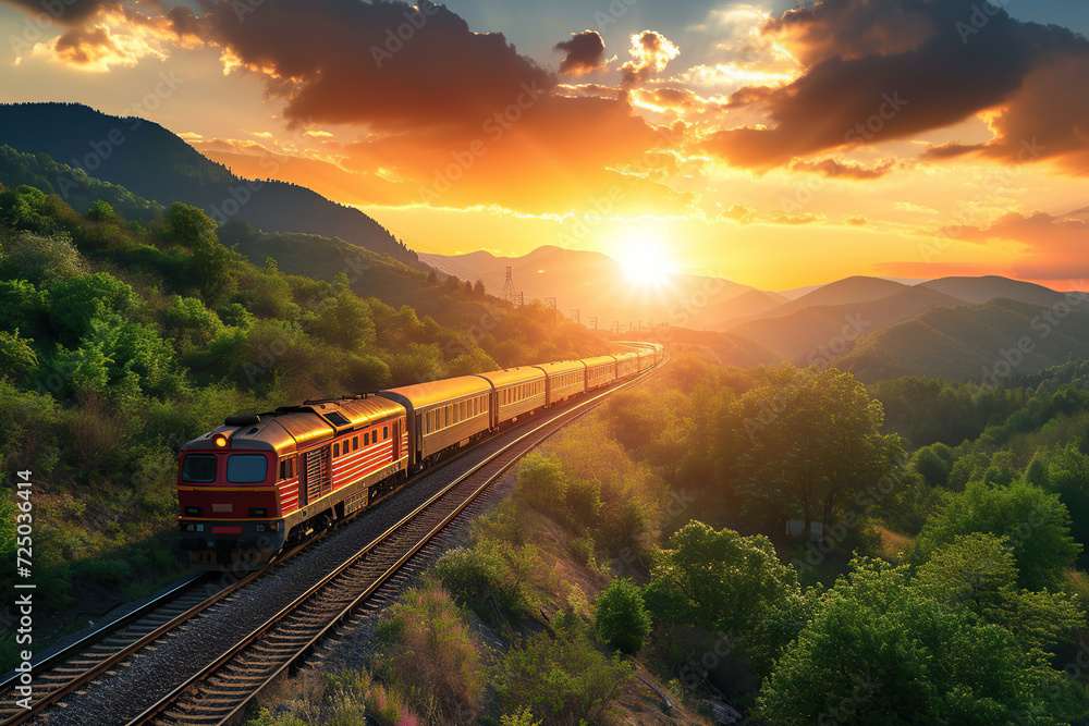 Aerial view of railroad tracks with train and railway carriages at beautiful sunrise