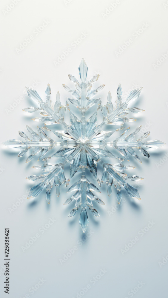 Crystal sparkling transparent snowflake winter snow star pattern design on light blue background. Winter decoration concept Crystal sparkling transparent snowflake winter snow star pattern design on light blue background. Winter decoration concept