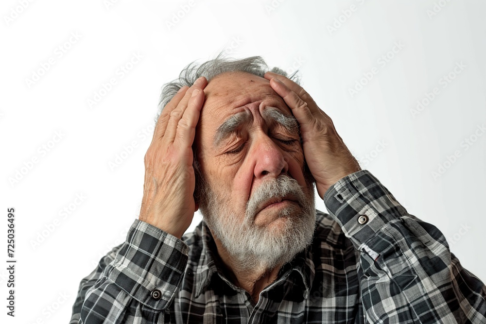 Senior man with hands on head of migraine Senior man with hands on head of migraine