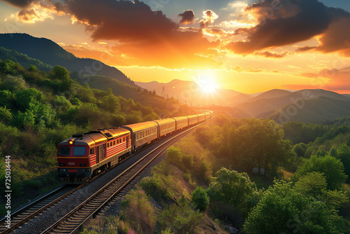 Aerial view of railroad tracks with train and railway carriages at beautiful sunrise