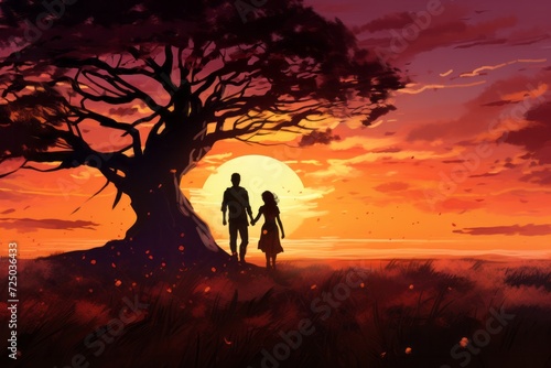 A Man and a Woman Standing Under a Tree at Sunset