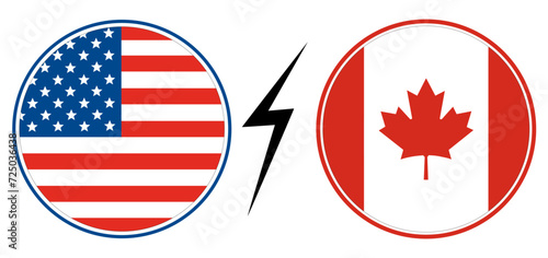 USA vs Canada. Flag of United States of America and Canada in round circle.