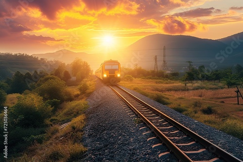 Railroad tracks with train at beautiful sunset