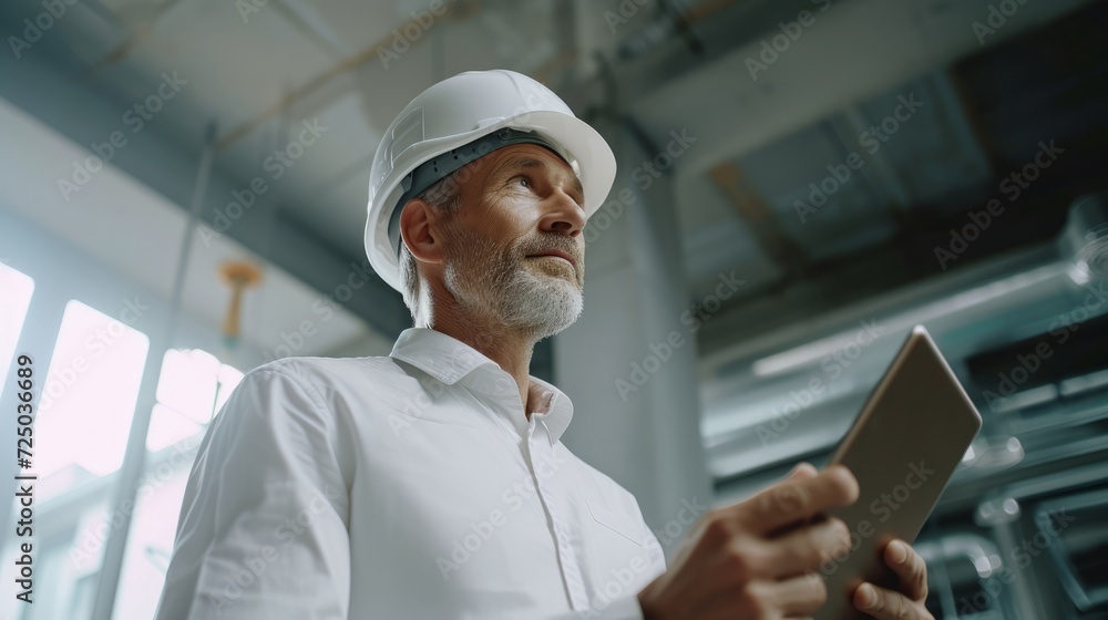 Architect in a construction site wearing a hard hat Architect in a construction site wearing a hard hat