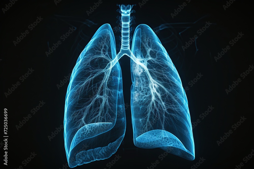 Hologram of human lungs. X ray of lungs. 3D rendering. Cancer Hologram of human lungs. X ray of lungs. 3D rendering. Cancer