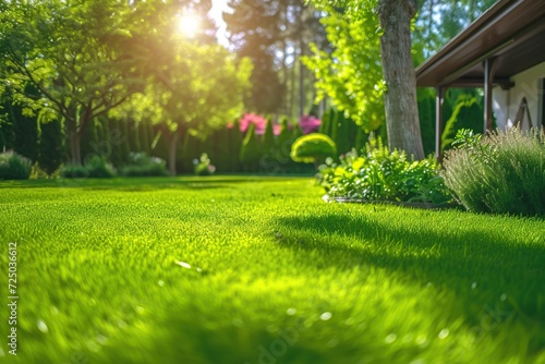 Back house yard with green grass and nice landscaping with sunlights photo