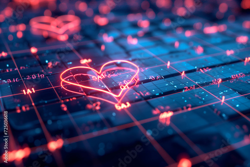 Electronic circuit board with red hearts, close-up. Technology background photo