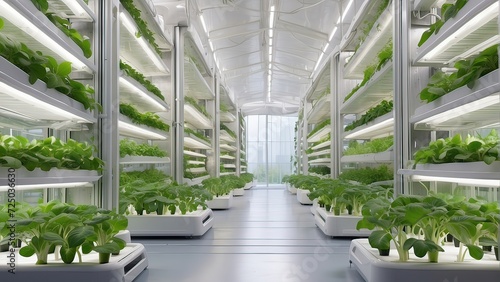 Vertical hydroponic farming in a high-tech skyscraper including hydroponic shelves in an agricultural greenhouse