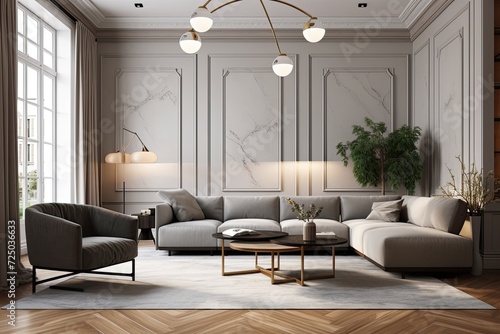 Modern living room interior with wooden floors  marble walls  and sofas. Interior Scene and Mockup