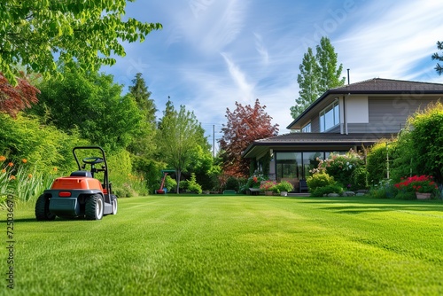 Back house yard with nice landscaping and lawn mower on green grass photo