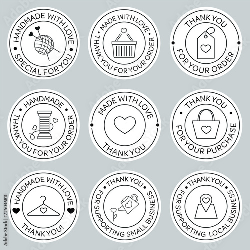 Collection of printable round labels for handmade business, sewing, knitting, textile. Made with love, support local. Thank you for your order. Thank you for supporting local business. For packaging.