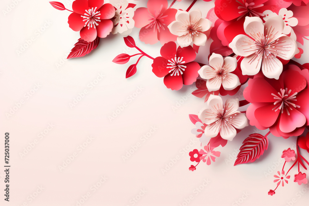Paper cut decoration of blooming pink red cherry blossoms in right corner on light rose background. Abstract hand craft floral composition Paper cut decoration of blooming pink red cherry blossoms in right corner on light rose background. Abstract hand craft floral composition