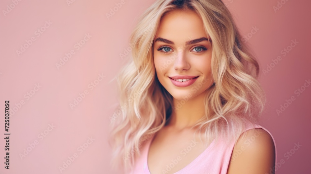 Fototapeta premium A woman with blonde hair wearing a pink top. Perfect for fashion and lifestyle-related projects