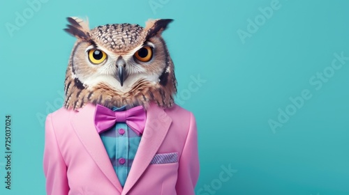 An adorable owl dressed in a pink suit and a purple bow tie. Perfect for adding a touch of whimsy to any project or design