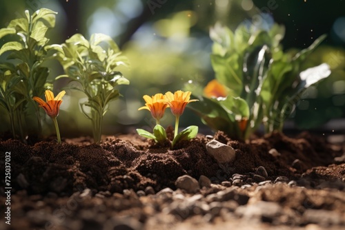 A close-up view of a bunch of flowers in the dirt. This image can be used to represent growth, nature, gardening, or the beauty of small details.