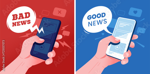 Good News and Bad news. Reading a feed on a smartphone. Doomscrolling. Social media browsing. Vector illustration.