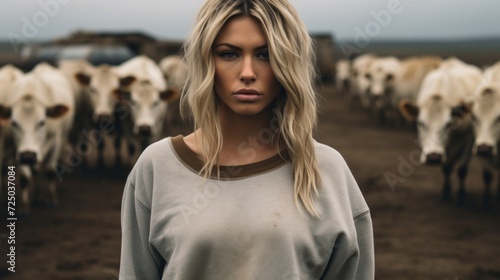 A woman stands confidently in front of a large herd of cows. This image can be used to depict strength, courage, and a connection with nature © Fotograf