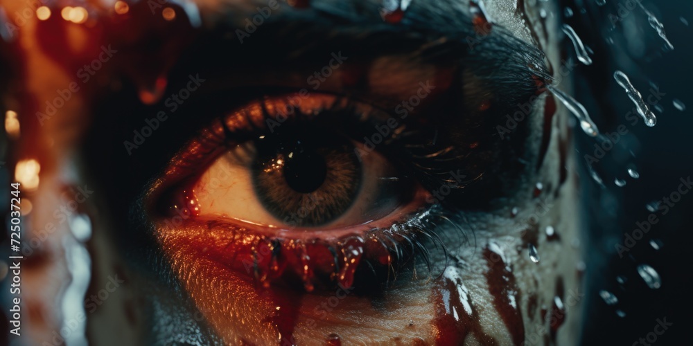 A close-up view of a person's eye with blood on it. This image can be used to depict various concepts such as injury, trauma, medical conditions, or horror