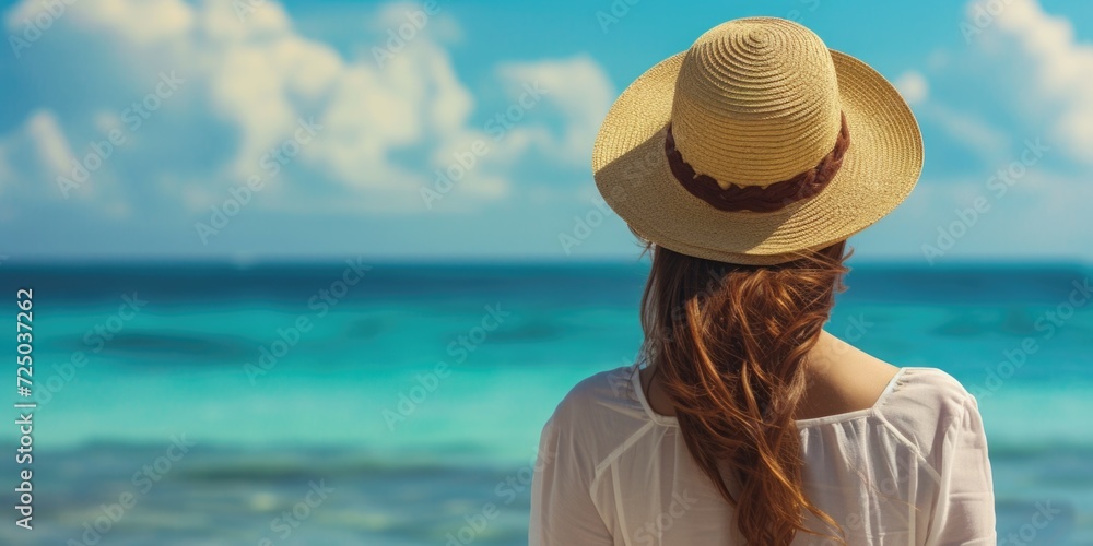 A woman wearing a hat gazing out at the vast ocean. Perfect for travel or beach-themed designs
