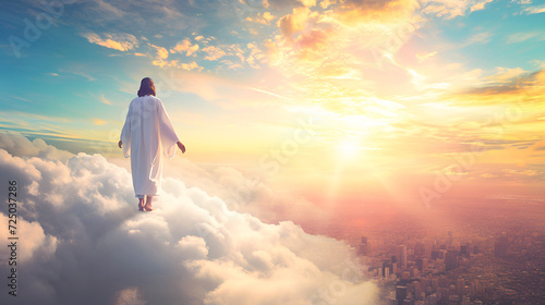 Jesus Christ stands in heaven with clouds at dawn and watches and blesses a large modern city with skyscrapers. photo