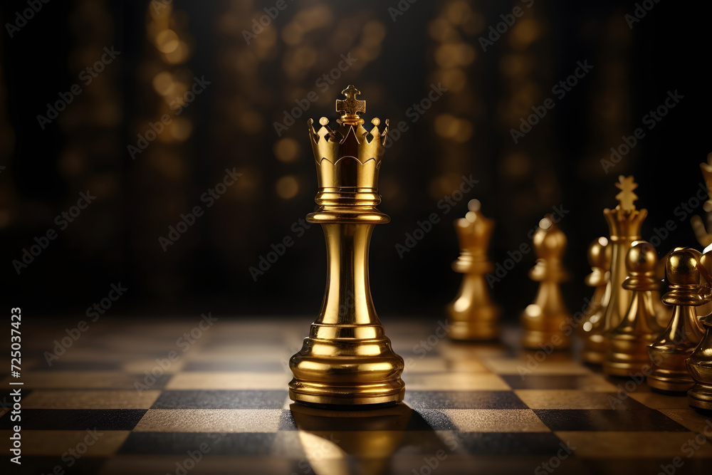 Lonely golden queen chess piece symbolizing leadership and business strategy on dark chessboard background - obrazy, fototapety, plakaty 