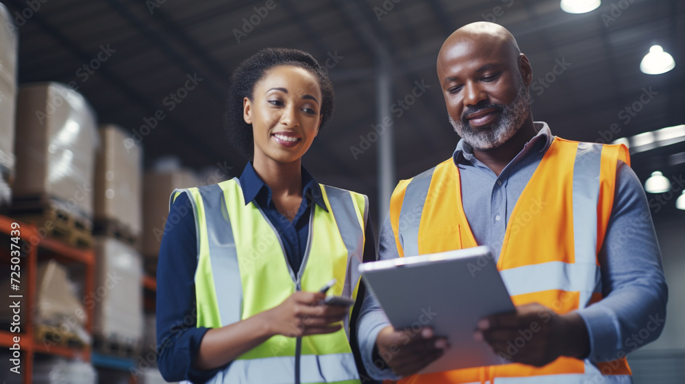 Warehouse worker and manager checks stock and inventory with using digital tablet computer in the retail warehouse.
Warehouse worker and manager checks stock and inventory with using digital tablet computer in the retail warehouse.