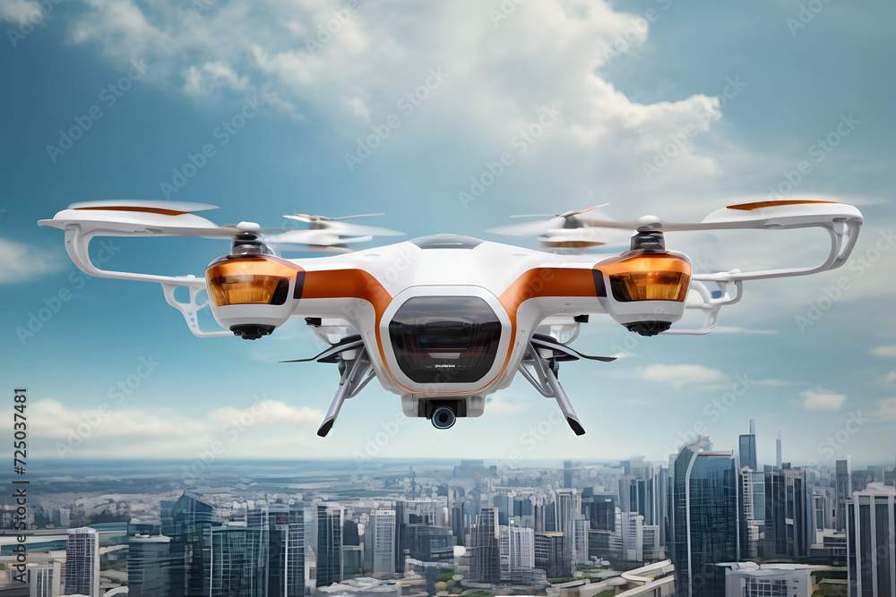 futuristic manned roto passenger drone flying in the sky over modern city for future air transportation and robotaxi concept as wide banner with copy space area futuristic manned roto passenger drone flying in the sky over modern city for future air transportation and robotaxi concept as wide banner with copy space area