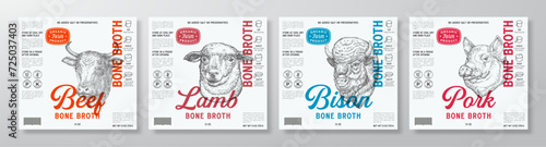 Bone Broth Label Templates Set. Abstract Vector Food Packaging Design Layouts Collection. Meat Modern Natural Diet Soup Product Backgrounds with Engraved Style Drawings Isolated photo