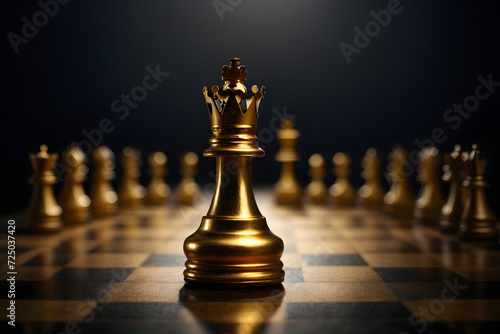 Lonely golden queen chess piece symbolizing leadership and business strategy on dark chessboard background