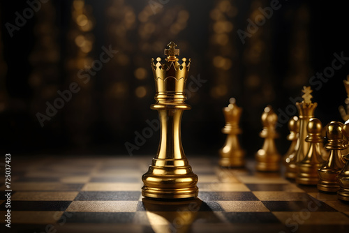 Lonely golden queen chess piece symbolizing leadership and business strategy on dark chessboard background