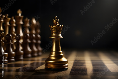 Lonely golden queen chess piece symbolizing leadership and business strategy on dark chessboard background photo