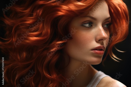 A close-up shot of a woman with vibrant red hair. This image can be used in various contexts