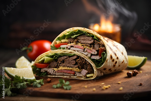 fresh grilled donner or shawarma beef wrap roll hot ready to serve and eat as wide banner with copyspace area