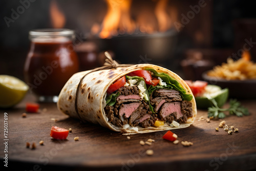 fresh grilled donner or shawarma beef wrap roll hot ready to serve and eat as wide banner with copyspace area photo