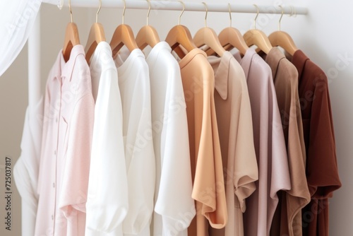 A row of shirts hanging on a clothes rack. Suitable for fashion, retail, or laundry-related projects