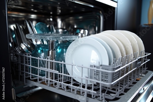 A fully loaded dishwasher filled with dishes and silverware. Perfect for household and kitchen-related designs