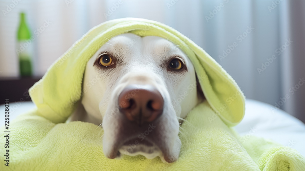 Dog Labrador Retriever relaxed from spa procedures covered with a towel.
Dog Labrador Retriever relaxed from spa procedures covered with a towel.