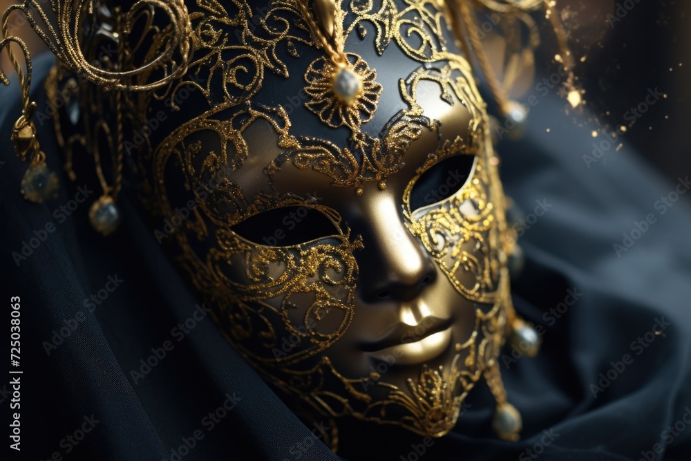 A black and gold mask placed on a black cloth. Suitable for masquerade parties and costume events