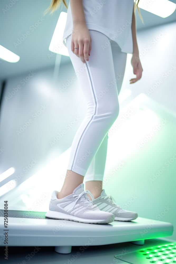 A woman standing on a scale in a room. Suitable for health and fitness concepts A woman standing on a scale in a room. Suitable for health and fitness concepts