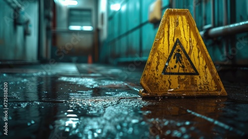 A picture of a wet floor with a caution sign. Can be used to warn about slippery surfaces and the need for caution photo
