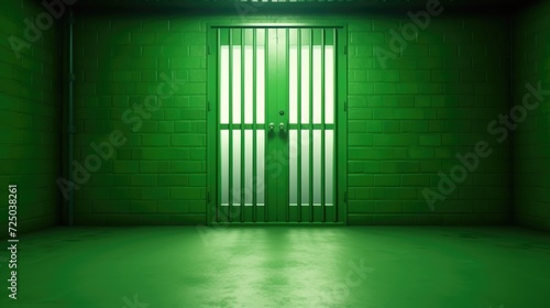 A jail cell with a green light shining through the bars. Suitable for crime-related projects or concepts
