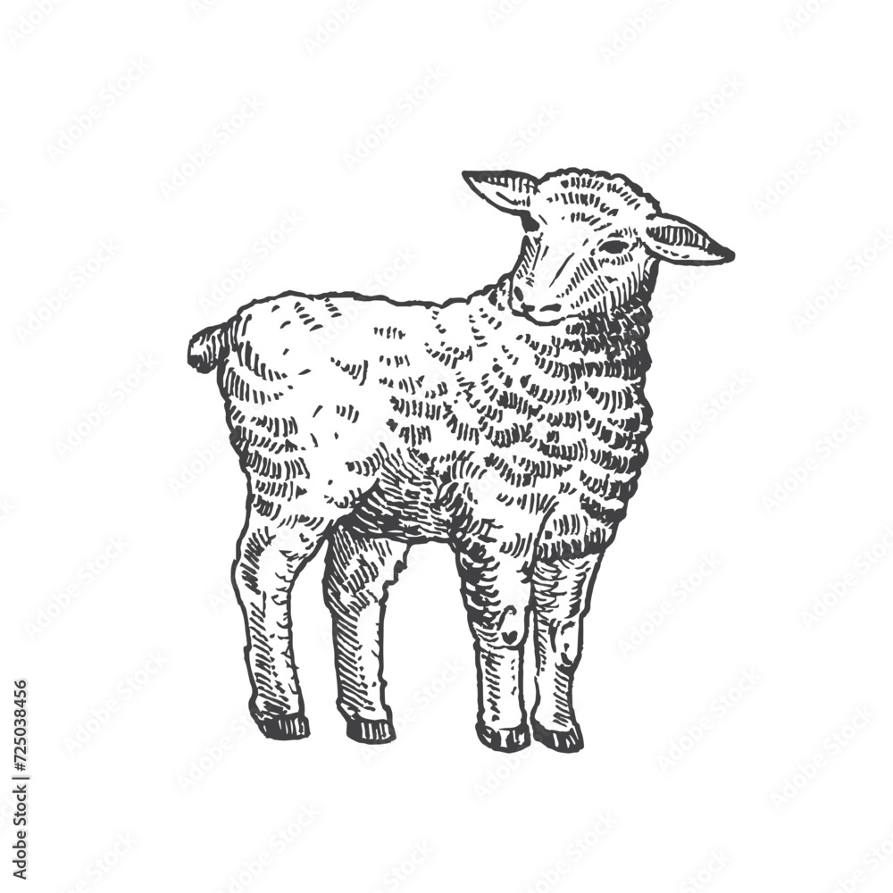 Young Sheep Hand Drawn Vector Cattle Illustration. Lamb Domestic Animal Sketch. Engraving Style Drawing Isolated