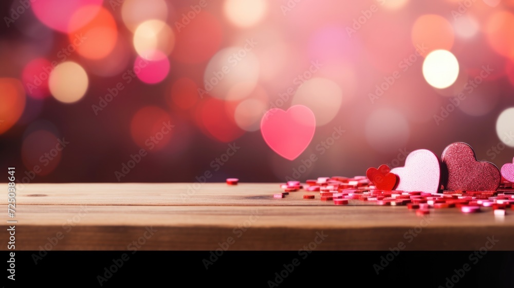 A wooden table adorned with an abundance of red and pink hearts. Perfect for Valentine's Day or romantic-themed projects
