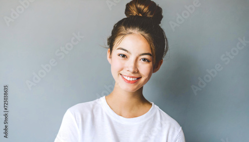 beautiful Asian woman with messy bun in casual tee smiling in a photo studio, 16:9 widescreen image photo